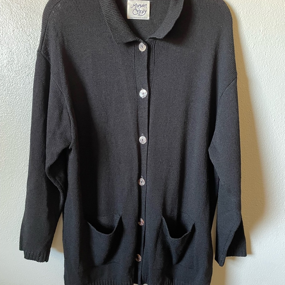 Black Wool Blend Knit Cardigan M/L Pearl Buttons Classic Layer Margaret O’Leary